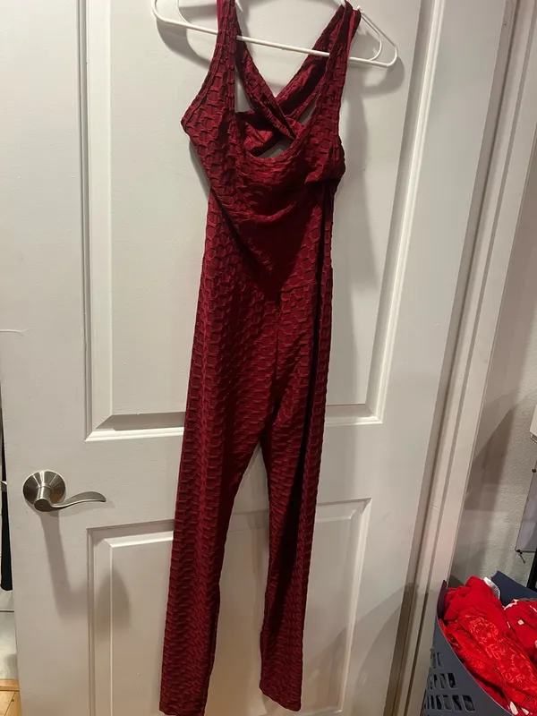 Women’s Backless Red Textured Dress with Cross-Back Detail - Image 2