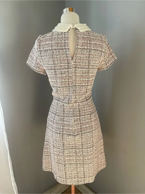 miami Pearl-Trim Tweed A-Line Dress in Cream and Gray - Image 3