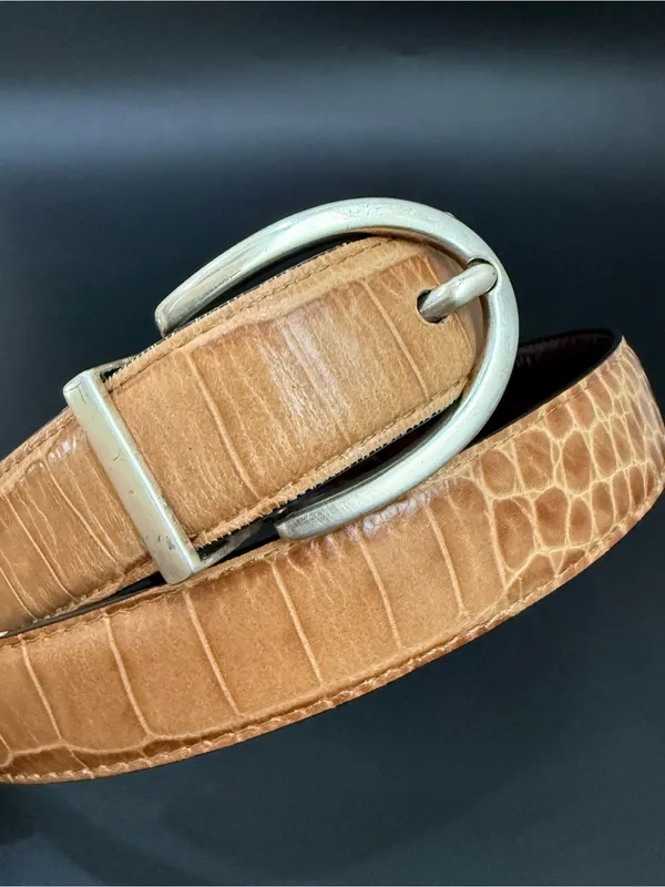 LRL LAUREN Ralph Lauren Brown/Beige Croc Leather Twist & Flip Reversible Belt 30 - Image 5