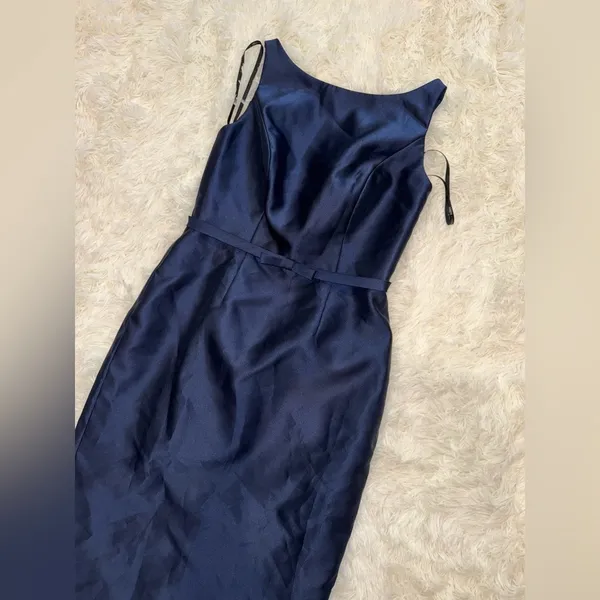 NEW Alfred Sung Strapless Bow Belt Satin Twill Column midnight blue Gown Sz 2 - Image 5