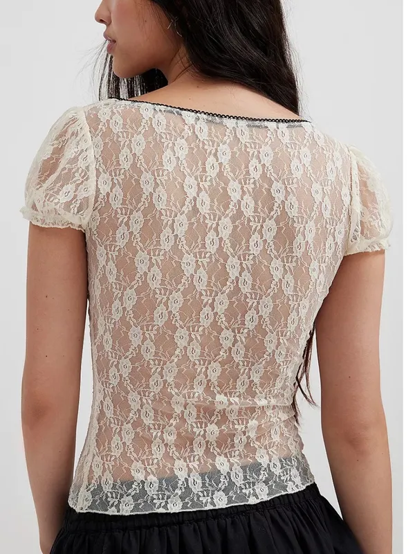 Women’s Sz Medium Short Sleeve Blouse White Lace Black Trim Bow Scoop Neck Sheer - Image 3