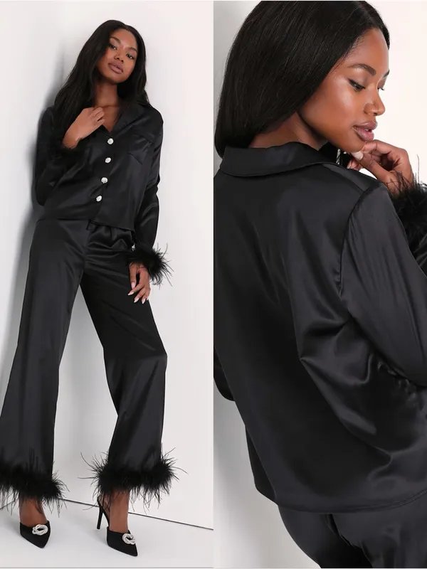 LULU’S Dreamiest Delight Black Satin Feather Two-Piece Pajama Set - Image 2