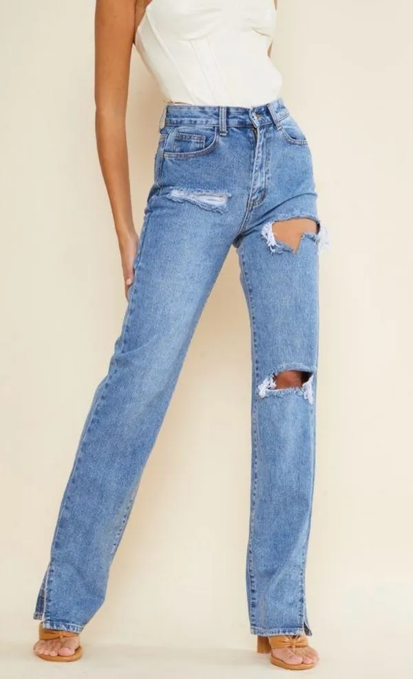 PrettyLittleThing Ripped High Waist Split Hem Jeans, Blue, Size 2 Tall, EUC - Image 2