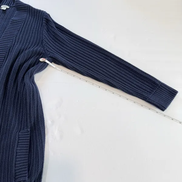 LL Bean Navy Blue Shaker Stitch Cotton Open Cardigan Sweater Pockets Size XL - Image 7