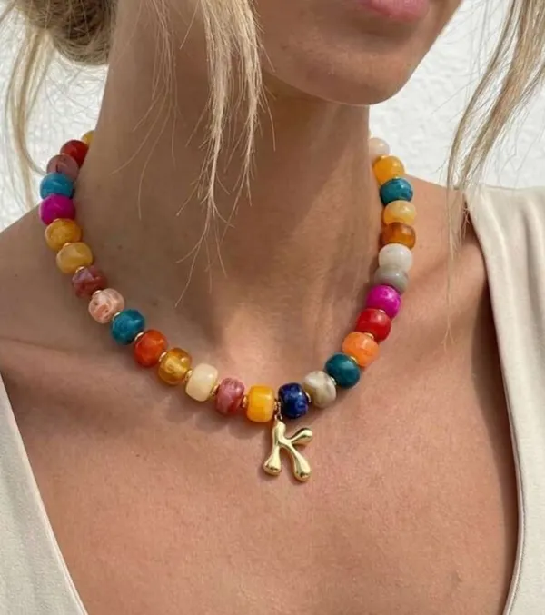 SheIn 2 pc Colorful Acrylic English Letter Chunky Beaded Fashion Necklace and Bracelet, Bohemian Style for Women - Image 2