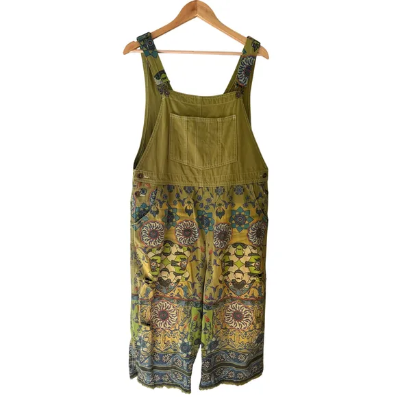 Vintage Distressed Boho Floral Overalls | Olive Green Cotton | One Size - Image 3