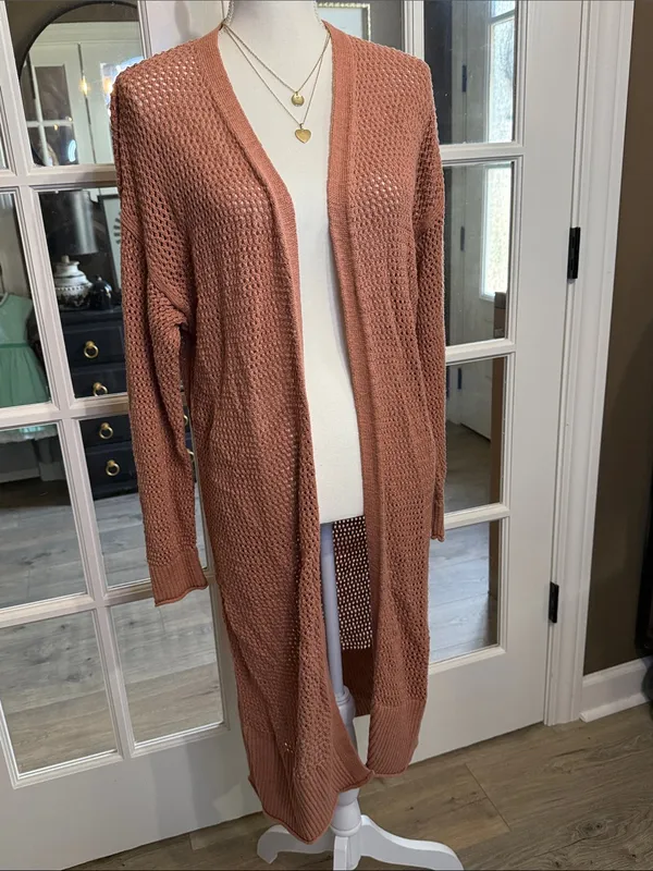 Universal Threads Crochet Lightweight Cotton Rust Long Cardigan BOHO COTTAGECORE - Image 2