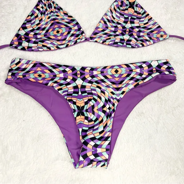 Trippy Purple Geometric Print Triangle Bikini Set Size Small Beach Rave Festival - Image 10