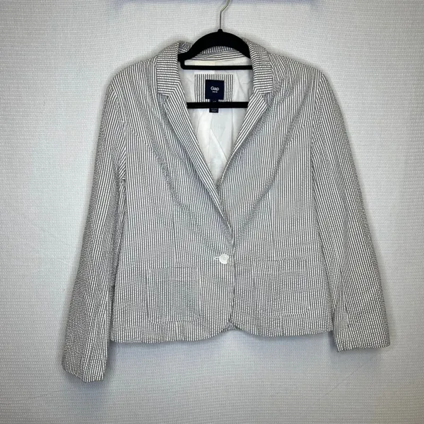 Gap Womens Grey White Seersucker Striped Cotton Blazer Jacket Size 10 - Image 2