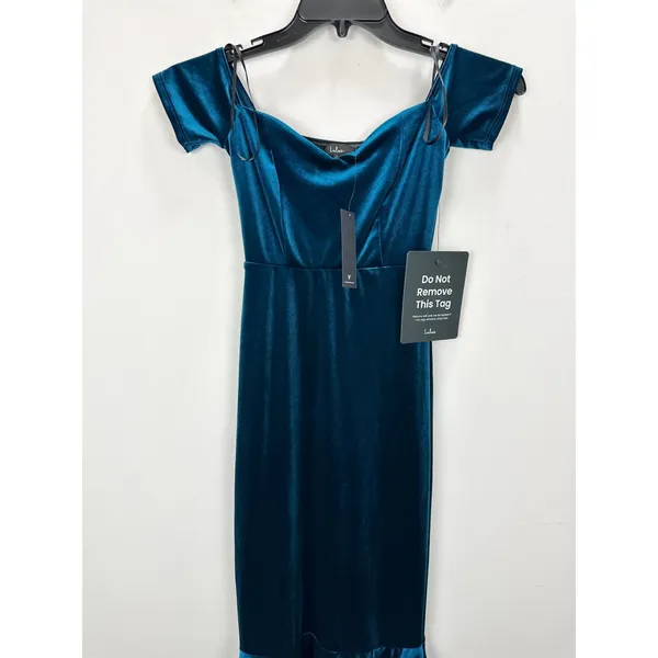 Lulus How Much I Care Dark Teal Velvet Off-the-Shoulder Midi Dress Party XS NWT - Image 6