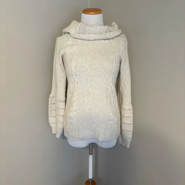 Anthropologie Sleeping on Snow Cowl Bell Sleeve Cream Cable Knit‎ Sweater Small - Image 2