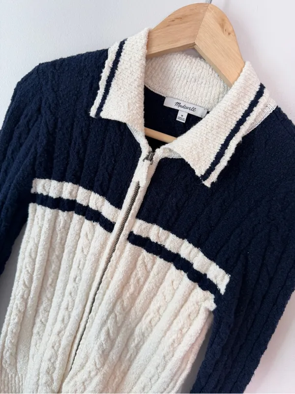 Madewell Cable Knit Zip Cardigan Sweater Collar Navy Medium - Image 4