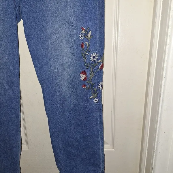 Denim Blue High Rise Embroidered Jeans - Image 3