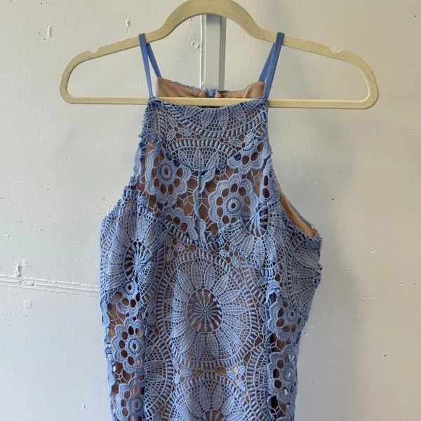 Francesca's Blue Crochet Lace Halter Mini Dress Garden Party Medium Cocktail - Image 3