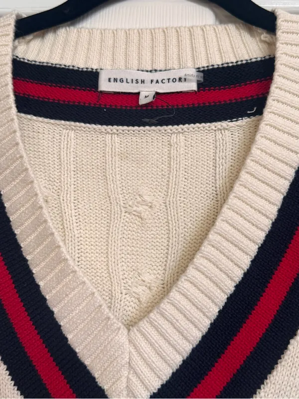 English Factory Cream Cable Knit V-Neck Sweater with Navy and Red Trim - Image 9