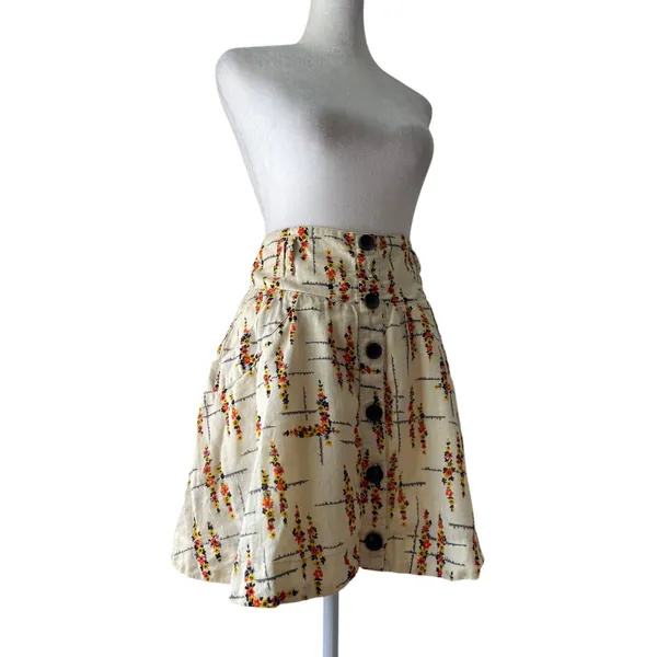 Free People Cream Floral Print Linen Blend Button Front Mini Skirt - Image 2