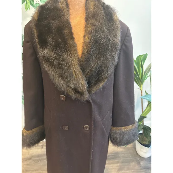 Vintage JP 1893 Women's Wool Brown‎ Faux Fur Trim Double Breasted Coat Size 8 - Image 3