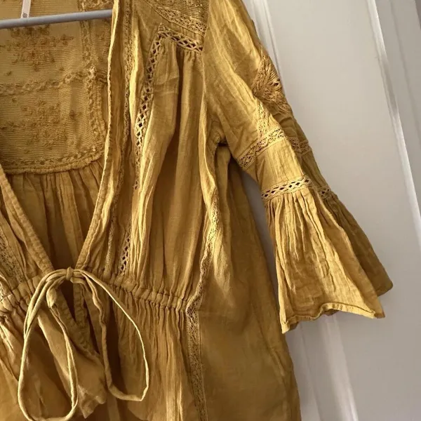 Free People Yellow Open Tie Front Shrug Shirt Top Sz Extra Small XS Women’s - Image 3