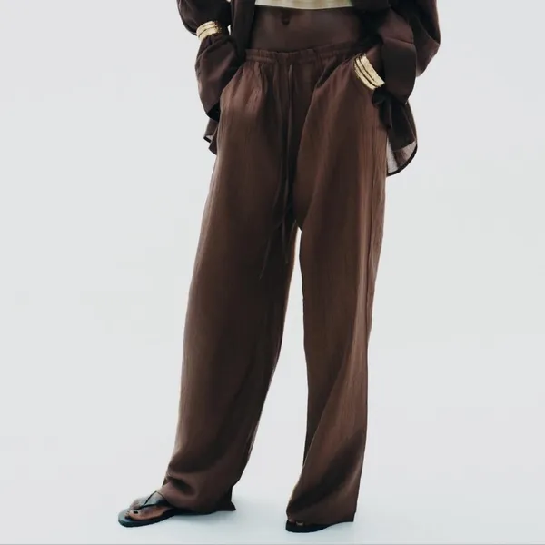 Zara NWT textured weave tan brown wide leg pants - Image 5