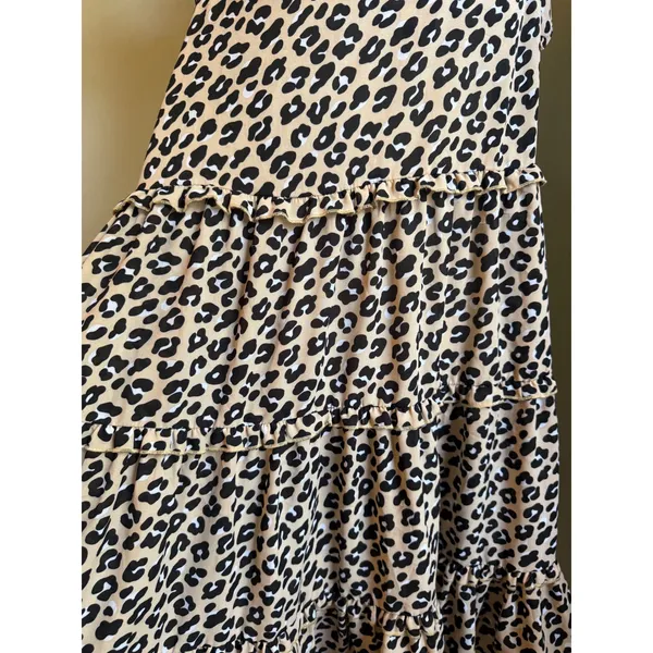 Simply Southern Leopard Print Tiered Ruffle Tie Mini Dress XL Tan Black boho Y2K - Image 2