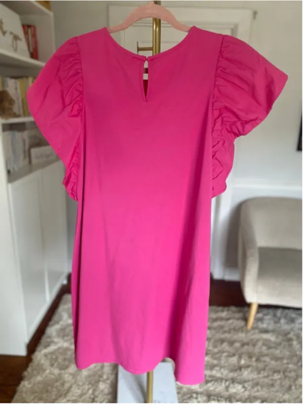 Crown & Ivy Hot Pink Mini Dress Puff Sleeve Preppy Quiet Luxury Barbie Vaca Boho - Image 3