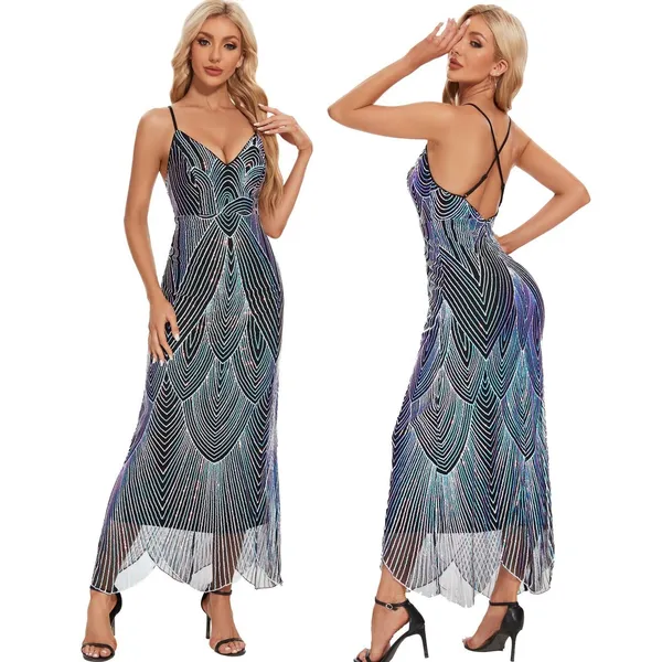 NWT‎ AlexQueen Blue Purple Sequin V Neck Maxi Prom Dress Backless Large - Image 2