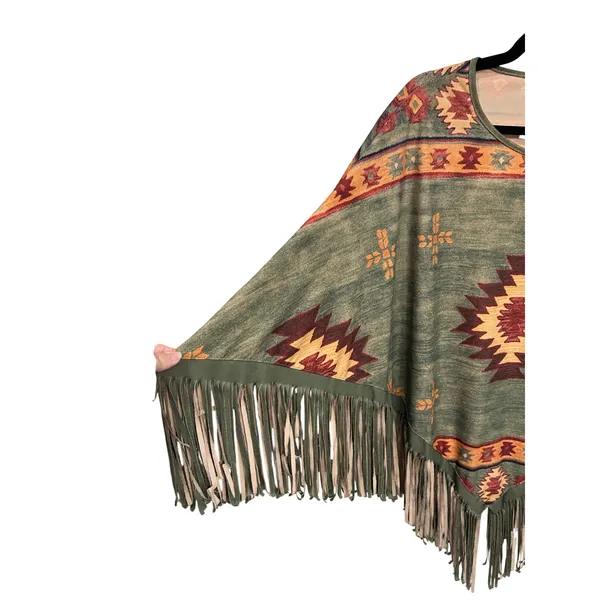 Southwestern Aztec Fringe Poncho Tunic Sage Green Earth Tone Top Santa Fe XL/XXL - Image 9
