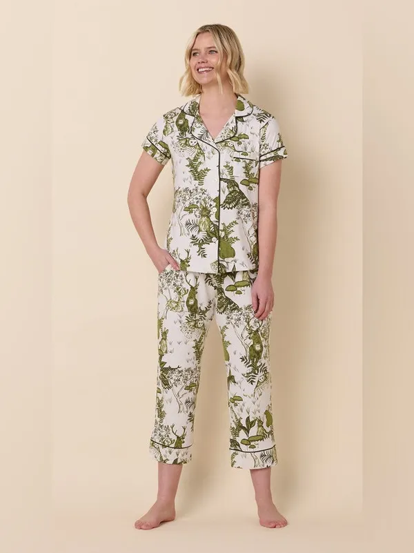 The Cat’s Pajamas Woodside Pima Knit Capri pants modal deer toile owl forest - Image 6