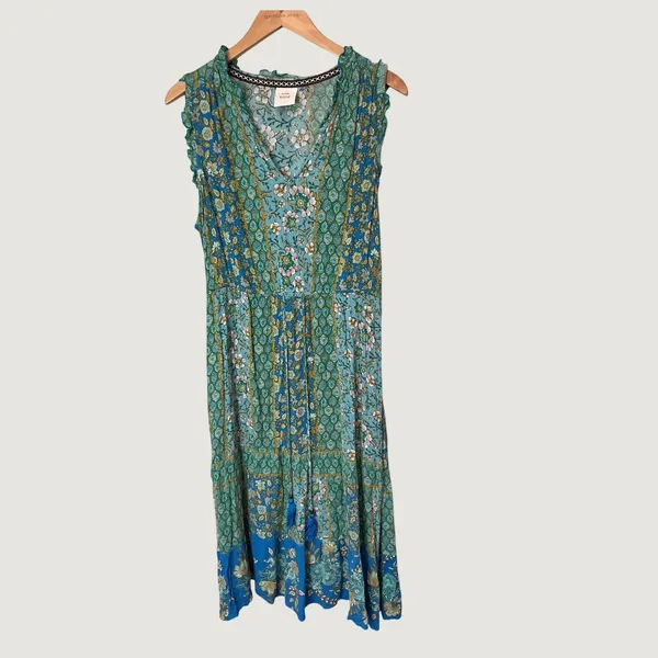 Knox Rose Blue Green Floral Patchwork Maxi Dress Sleeveless Tassel Waist Medium - Image 2