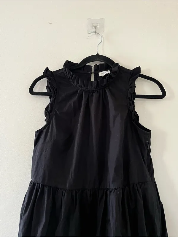 J Crew Black Cotton Poplin Tiered Midi Dress 2 Ruffle Neck Sleeveless Coastal - Image 2