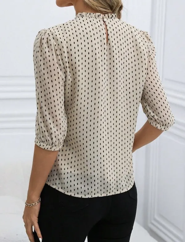 Black-White Polka Dot Stand Collar Shirt - Image 2