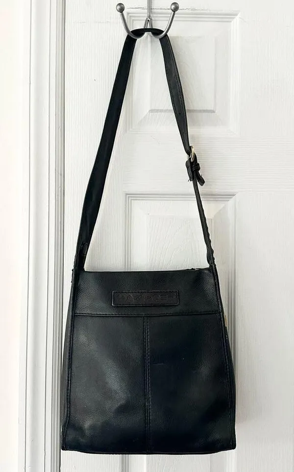Fossil Vintage Black Leather 75082 Multi Pocket Top Zip Shoulder Bag Key Fob - Image 10