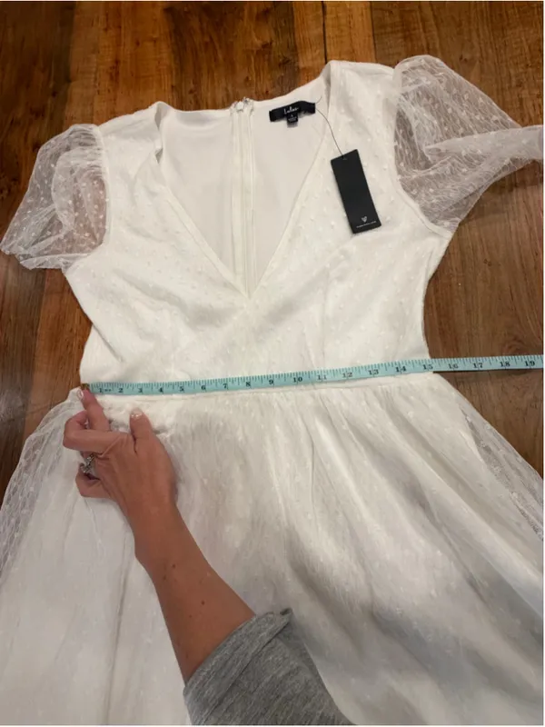 Lulus White Swiss Dot Tulle Mini Dress Size L New With Tags V-Neck Puff Sleeve - Image 7