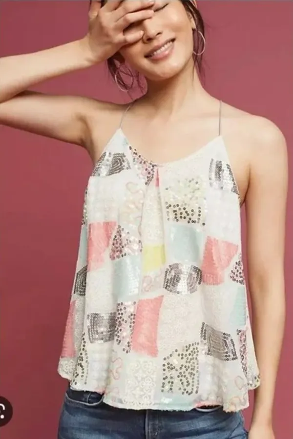 Anthropologie Floreat Patchwork Sequin & Embroidered Louisa Tank Top - Sz Small - Image 2