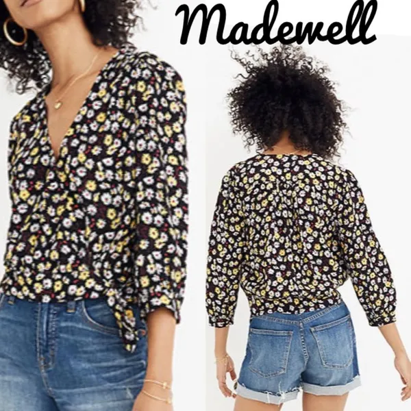 Madewell Black French Moody Dark Floral Wrap Long Sleeve Top S NEW - Image 2