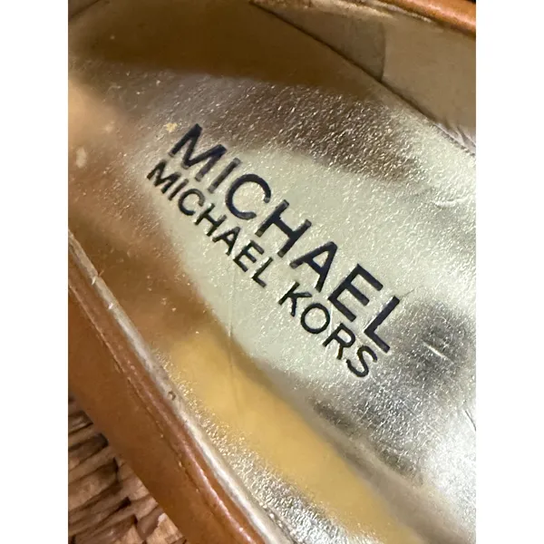 Michael Michael Kors Tan Leather Studded Bow Peep Toe Flats Brown Gold 6.5M - Image 4