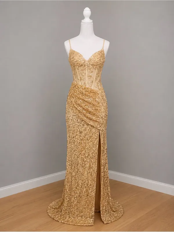 #15-14 Gold Velvet Bustier sequins embroidered appliqué long dress-Small/Size 4 - Image 4