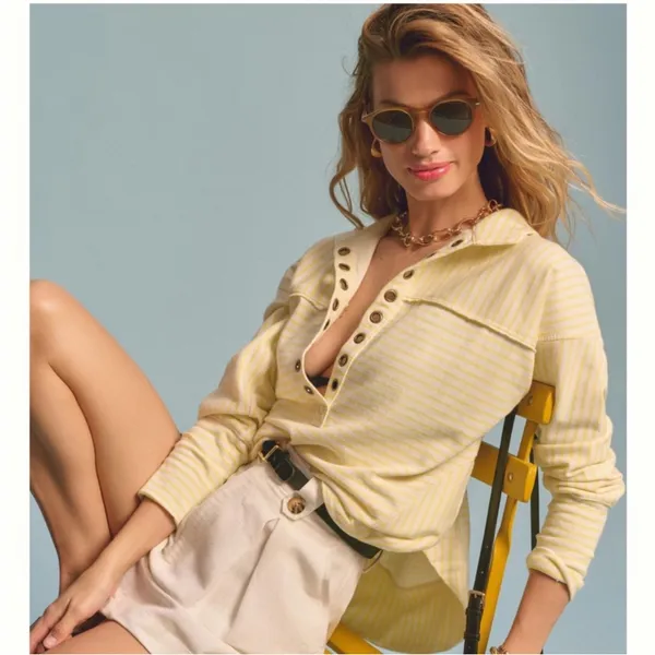 Pilcro Anthropologie Spliced Henley Top Ivory / Oxalis Tint, size L - Image 4