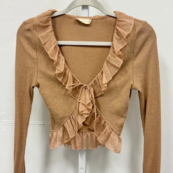 Altar'd State Y2K Inspired Tan Ribbed Ruffle Tie Front‎ Crop Top Long Sleeve Med - Image 3
