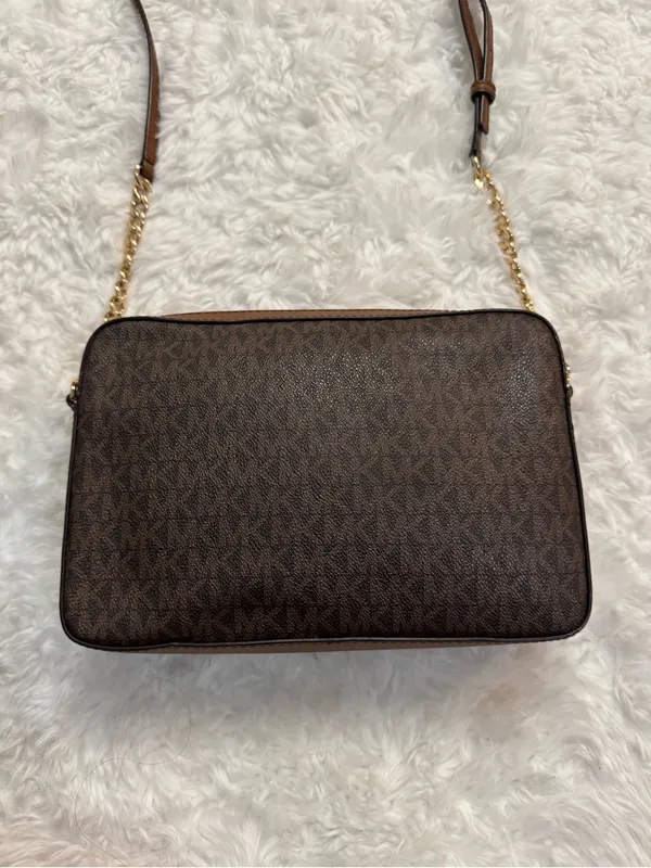 Michael Kors Brown MK Monogram Crossbody with Gold Chain - Image 13