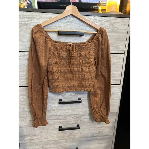 American Eagle Smocked Crop Top Brown Long Sleeve Square Neck Blouse Medium - Image 3