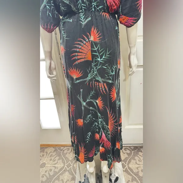 Farm Rio Anthropologie Valentina Black Maxi Orange Tropical Floral Print Sz S - Image 6