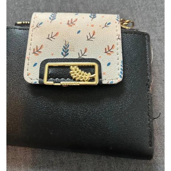 Womens Black Faux Leather Bifold Wallet Floral Snap Tassel Zipper Gold Leaf - Image 2