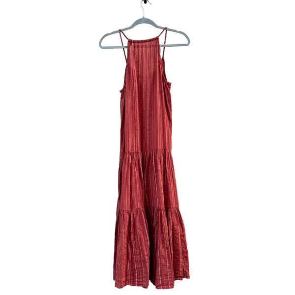 Anthropologie Frye x Alyssa Tiered Maxi Dress Copper Metallic Stripe Medium - Image 2