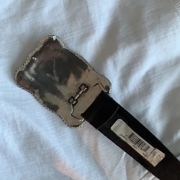 POLISHED & ETCHED DESIGN STAINLESS STEEL BUCKLE & LEATHER BELT.Sz: L - Image 4