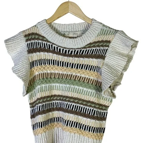 Elan Striped Knit Flutter Sleeve Sweater Top Womens S Neutral Boho Cottagecore - Image 3