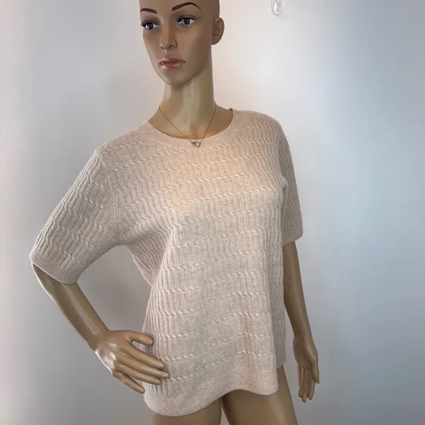 Magaschoni 100% Cashmere Short‎ Sleeve Sweater Cable Knit Beige Tan Womens S M - Image 2