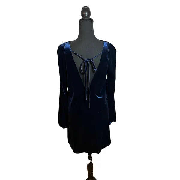 Free People Navy Blue Velvet V-Neck Mini Dress Open Back Tie Balloon Sleeve S - Image 4