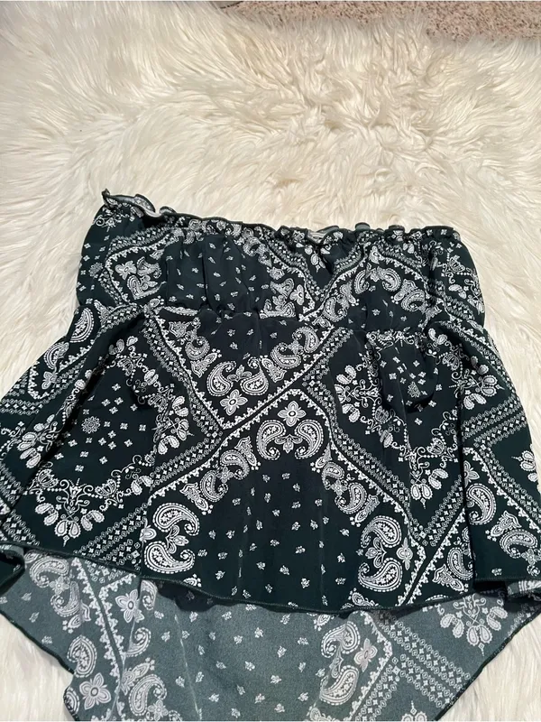 Women's Paisley Print Tube Top Handkerchief Dark Green White Stretch Elastic - Image 6