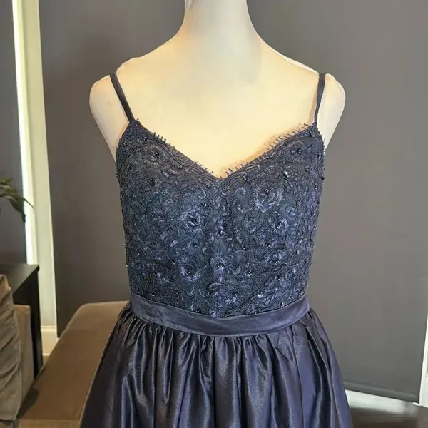 Women’s Blue Full Length Satin Lace Appliqué Party Prom Formal Dress Size 2 NWOT - Image 2